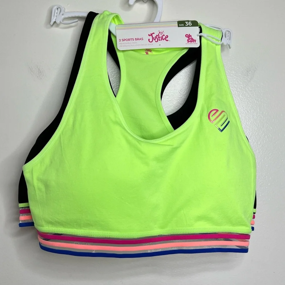 Justice Racerback Sports Bras Set of 2 bras Size 36 New! Neon green and Black